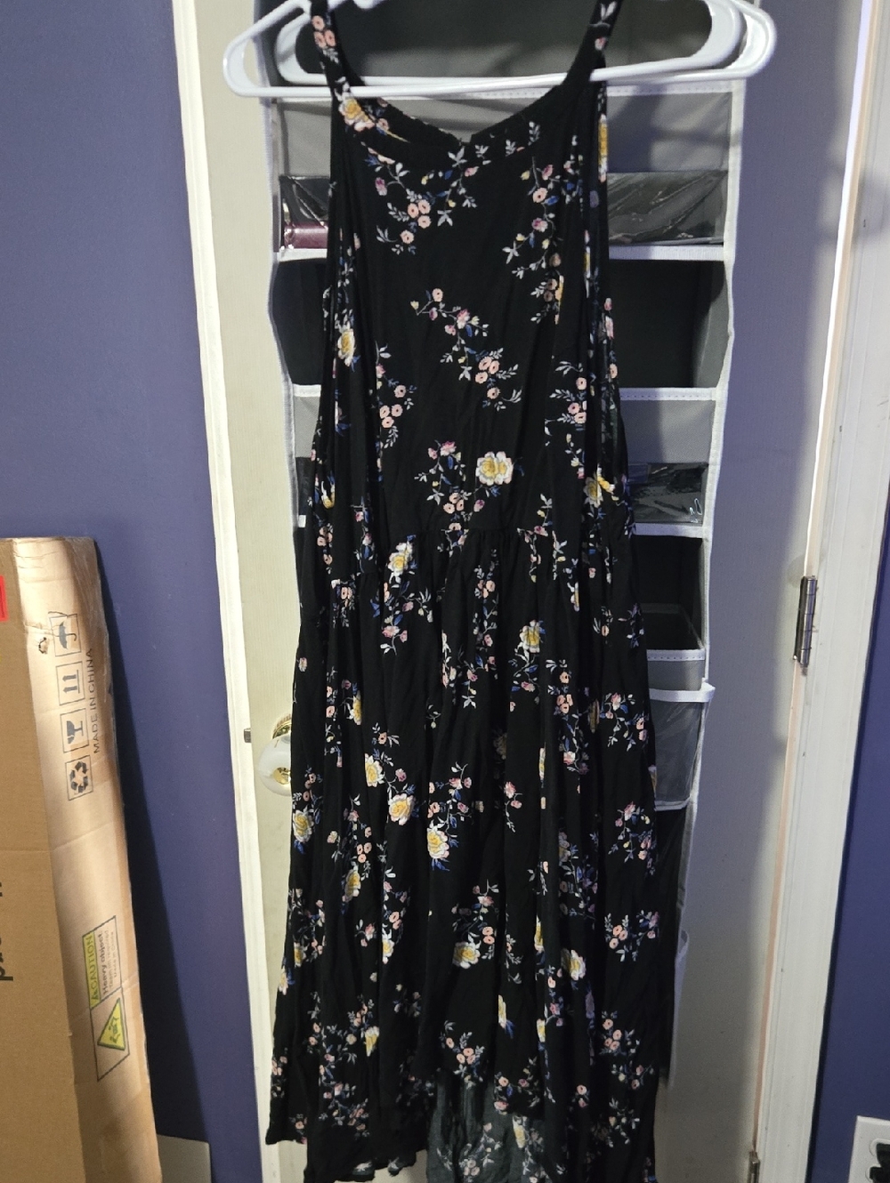 Black Floral High-Low Spaghetti Strap Maxi Dress